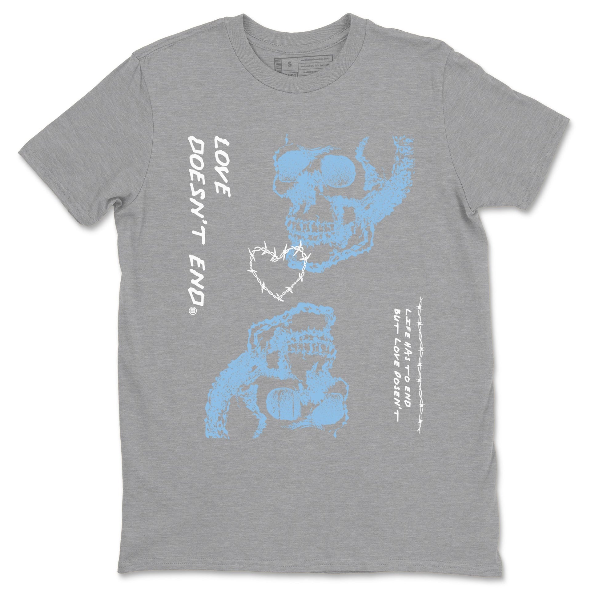 11s Legend Blue shirts to match jordans Love Doesn't End sneaker match tees Air Jordan 11 Legend Blue match shoes to clothes SNRT Sneaker Tees unisex cotton Heather Grey 2 shirts
