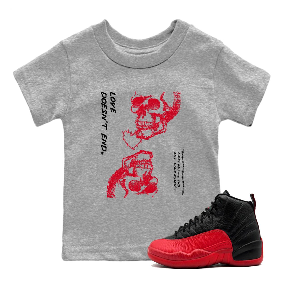 12s Flu Game shirts to match jordans Love Doesn't End best t shirts to wear with jordans AJ12 Retro Flu Game match shoes to clothes SNRT Sneaker Tees Youth Baby Heather Grey 1 tee