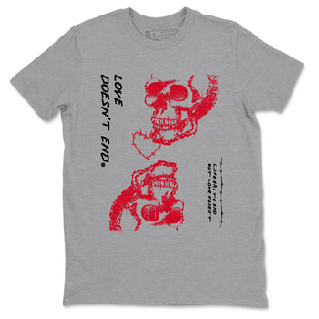 12s Flu Game shirts to match jordans Love Doesn't End best t shirts to wear with jordans AJ12 Retro Flu Game match shoes to clothes SNRT Sneaker Tees unisex cotton Heather Grey 2 shirts