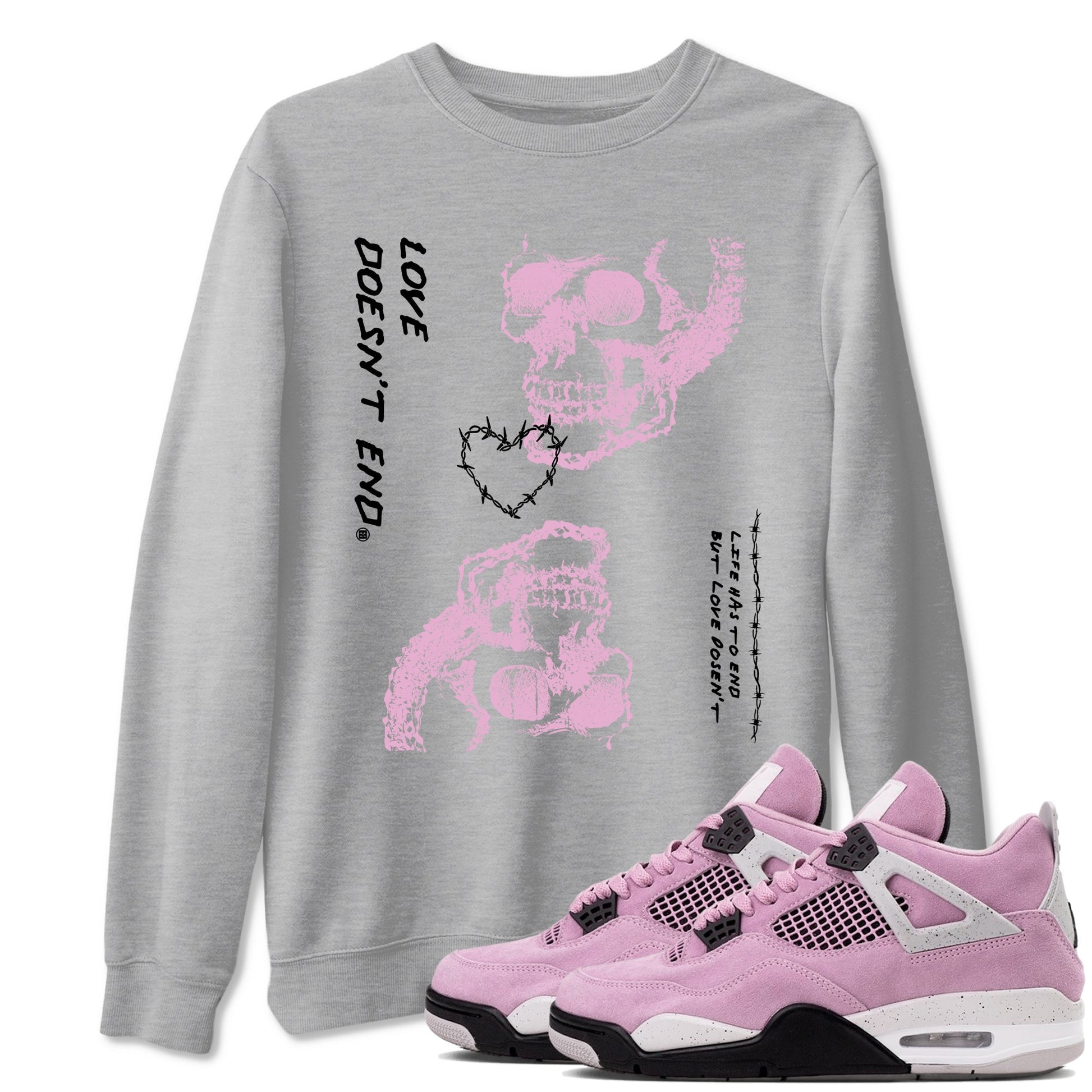 4s Retro Orchid shirts to match jordans Love Doesn't End sneaker match tees Air Jordan 4 WMNS Orchid match shoes to clothes SNRT Sneaker Tees unisex cotton Heather Grey 1 shirts