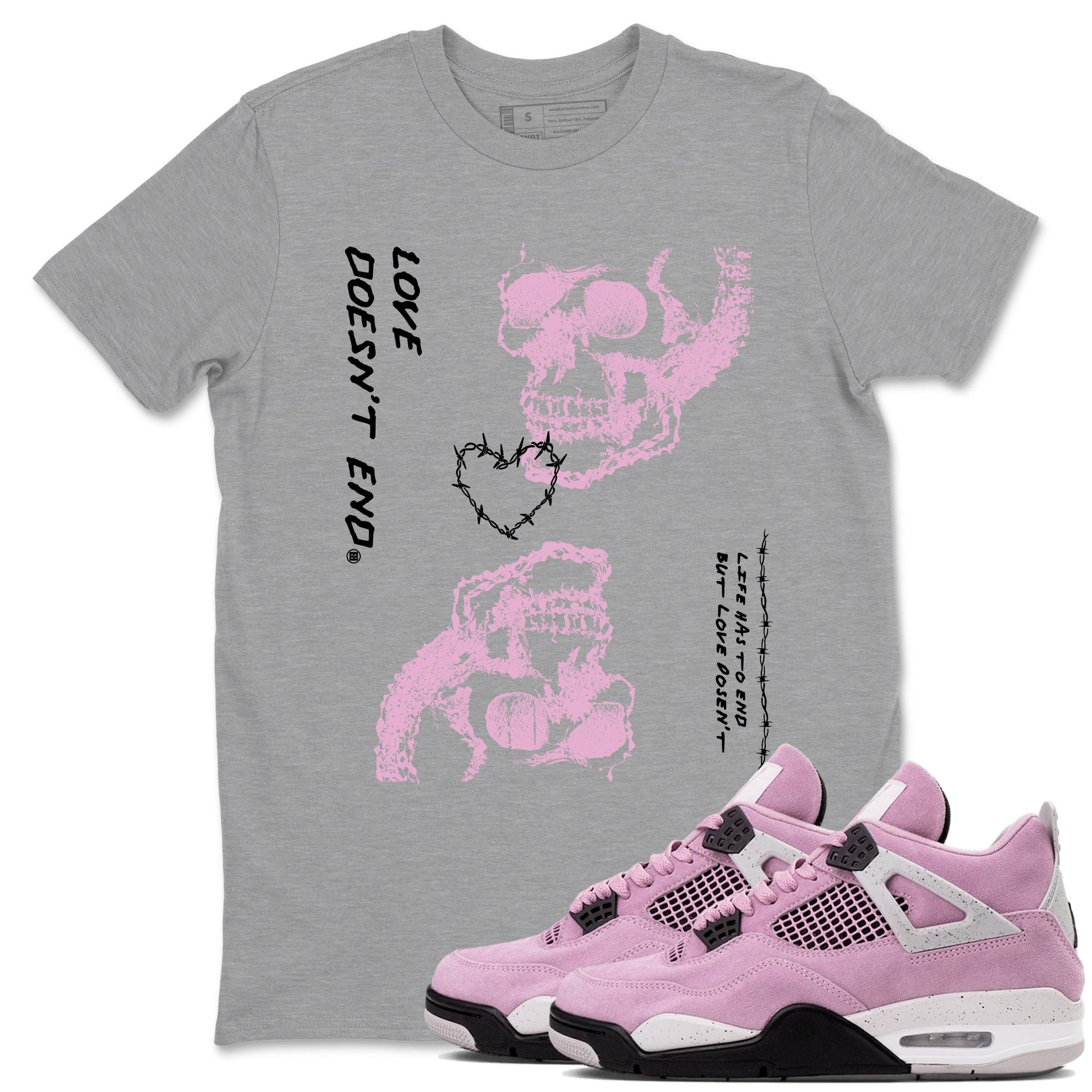 4s Retro Orchid shirts to match jordans Love Doesn't End sneaker match tees Air Jordan 4 WMNS Orchid match shoes to clothes SNRT Sneaker Tees unisex cotton Heather Grey 1 shirts