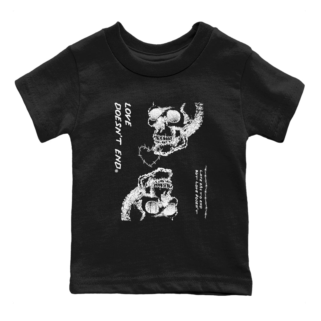 4s White Thunder shirts to match jordans Love Doesn't End sneaker match tees Air Jordan 4 Retro White Thunder SNRT Sneaker Release Tees Youth Baby Black 2 crew neck shirts