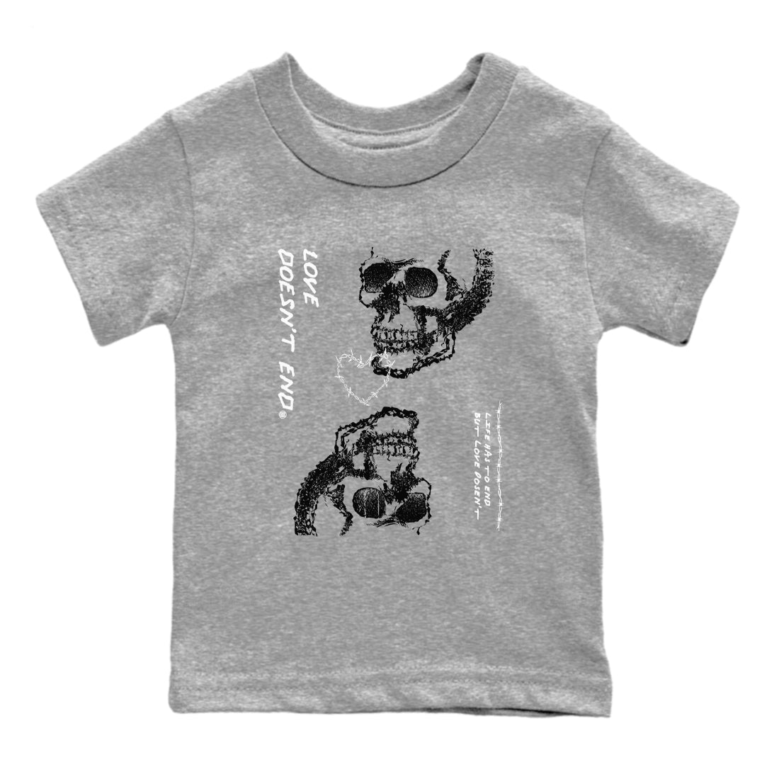 4s White Thunder shirts to match jordans Love Doesn't End sneaker match tees Air Jordan 4 Retro White Thunder SNRT Sneaker Release Tees Youth Baby Heather Grey 2 crew neck shirts