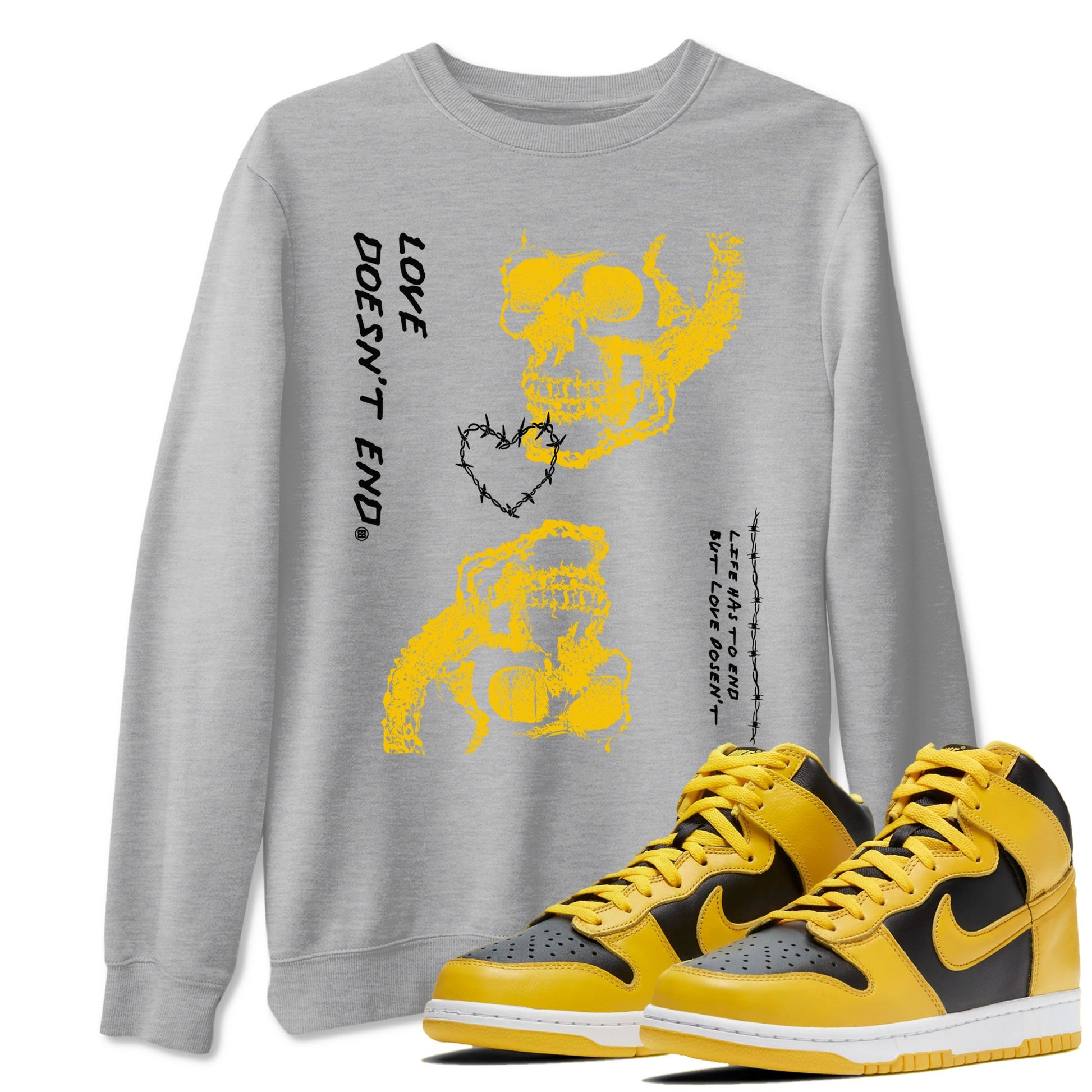 Dunk High Pollen shirts to match jordans Love Doesn't End sneaker match tees Dunk High Pollen match shoes to clothes SNRT Sneaker Tees unisex cotton Heather Grey 1 shirts