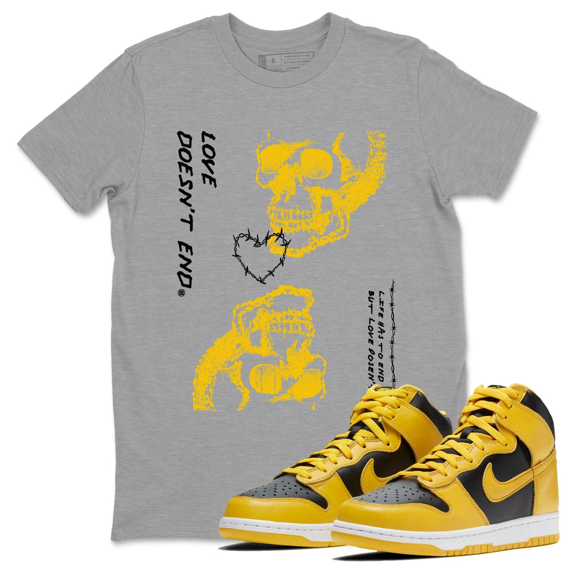 Dunk High Pollen shirts to match jordans Love Doesn't End sneaker match tees Dunk High Pollen match shoes to clothes SNRT Sneaker Tees unisex cotton Heather Grey 1 shirts