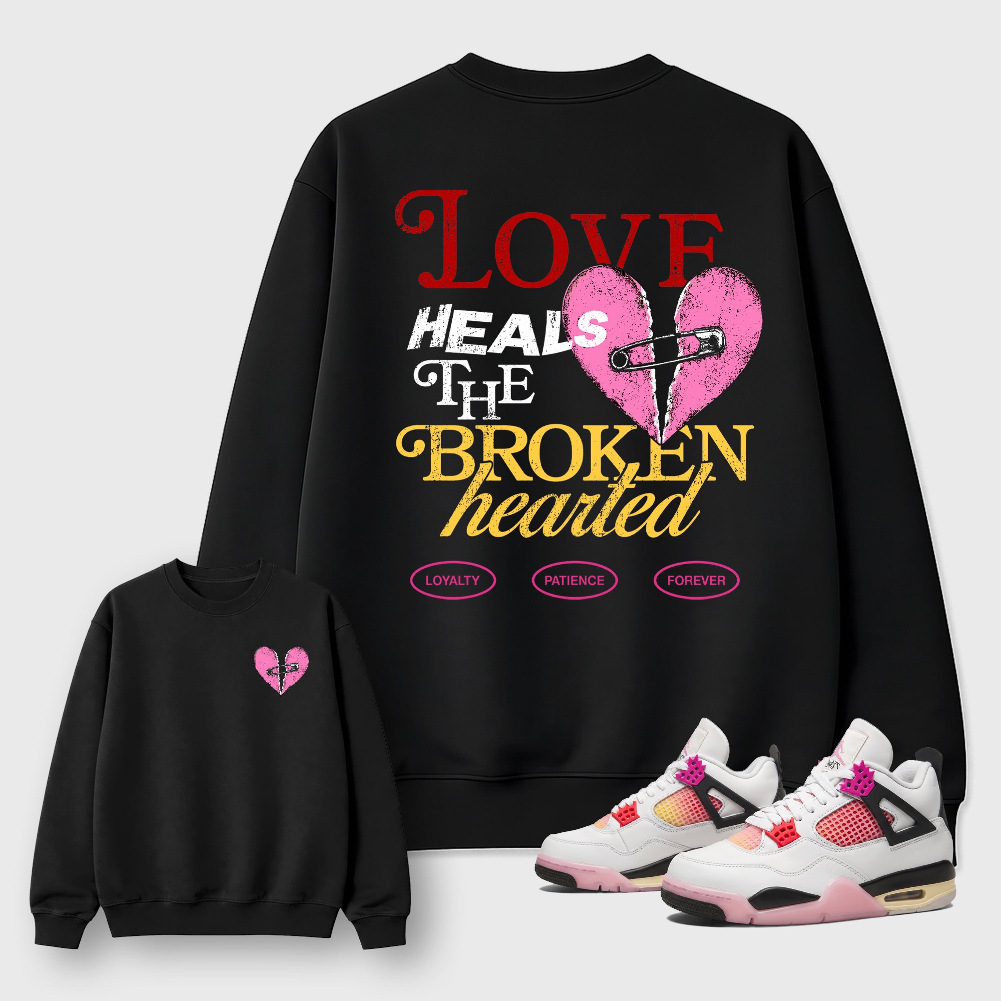 Love Heals Graphic T-Shirt featuring original streetwear artwork designed to match the Air Jordan 4 Comic. Black Graphic Tee.