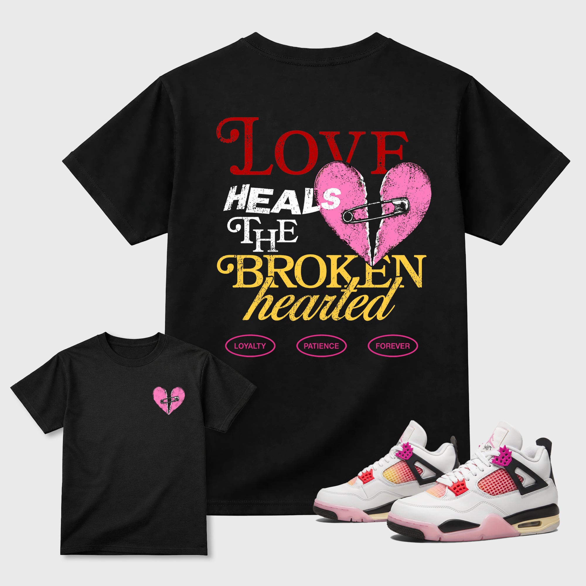 Love Heals Graphic T-Shirt featuring original streetwear artwork designed to match the . Black Graphic T-Shirt.