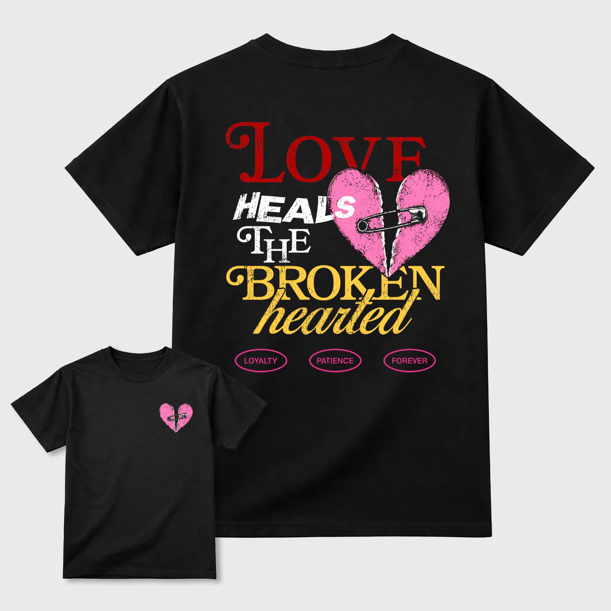 Love Heals Graphic T-Shirt featuring original streetwear artwork designed to match the . Black Graphic T-Shirt.