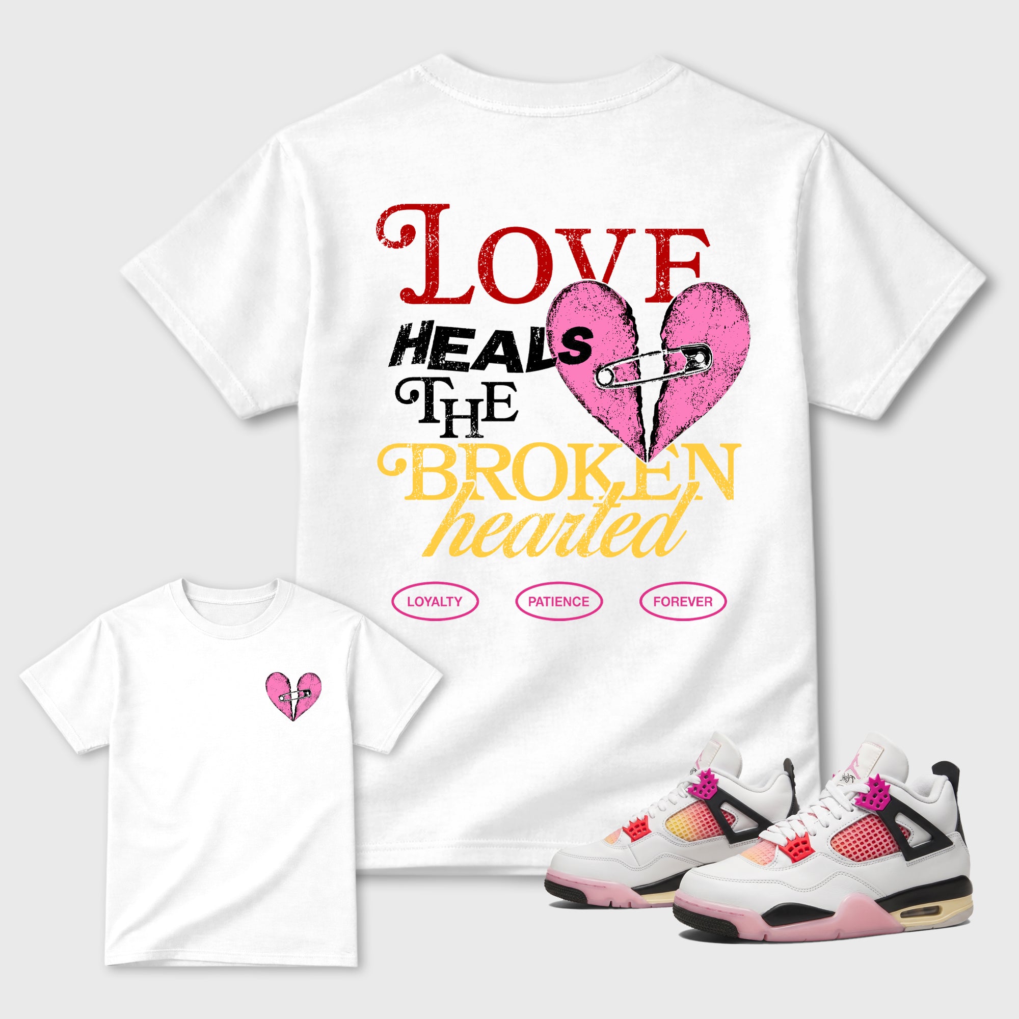 Love Heals Graphic T-Shirt featuring original streetwear artwork designed to match the Air Jordan 4 Comic. White Graphic T-Shirt.