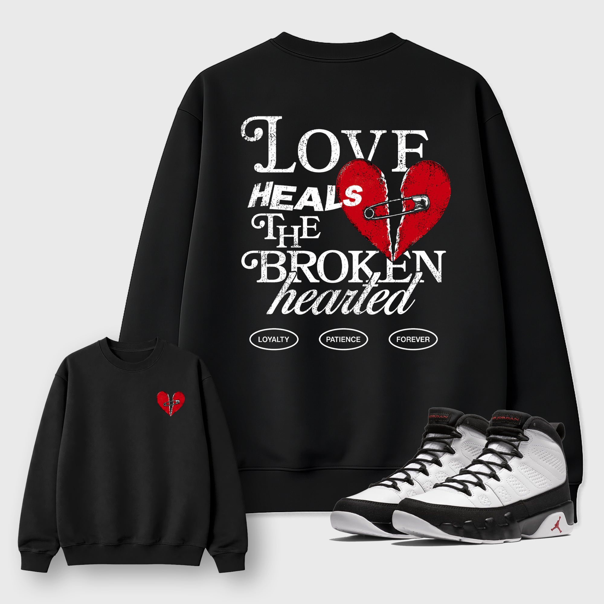 Love Heals Graphic T-Shirt featuring original streetwear artwork designed to match the Air Jordan 9 True Red. Black Graphic Tee.