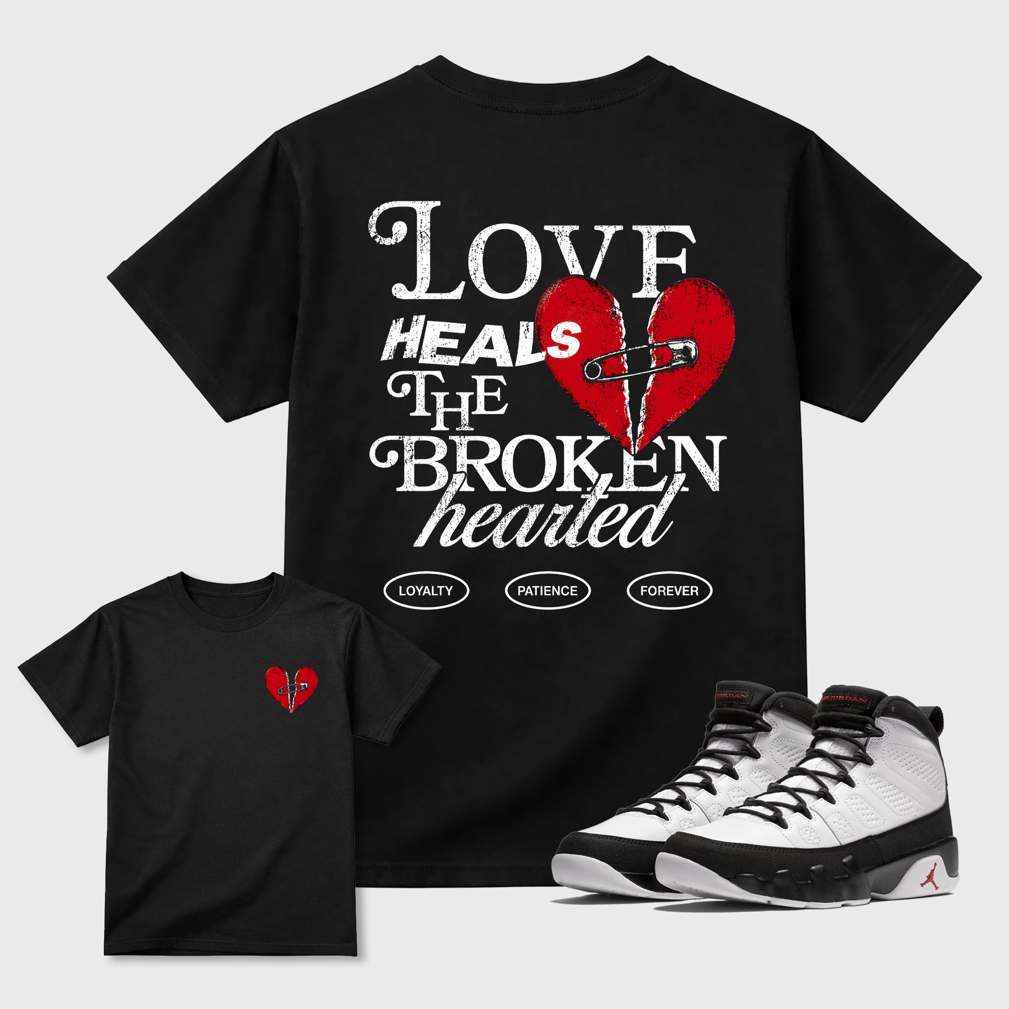 Love Heals Graphic T-Shirt featuring original streetwear artwork designed to match the Air Jordan 9 True Red. Black Graphic T-Shirt.