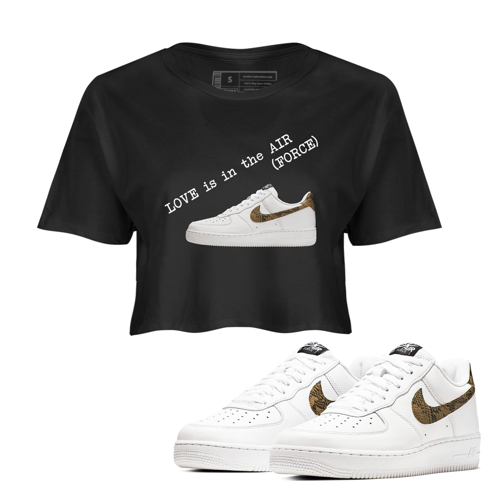 Air Force 1 Ivory Snake shirt to match jordans Love In The Air sneaker tees Air Force 1 Ivory Snake SNRT Sneaker Release Tees Black 1 crop length shirt
