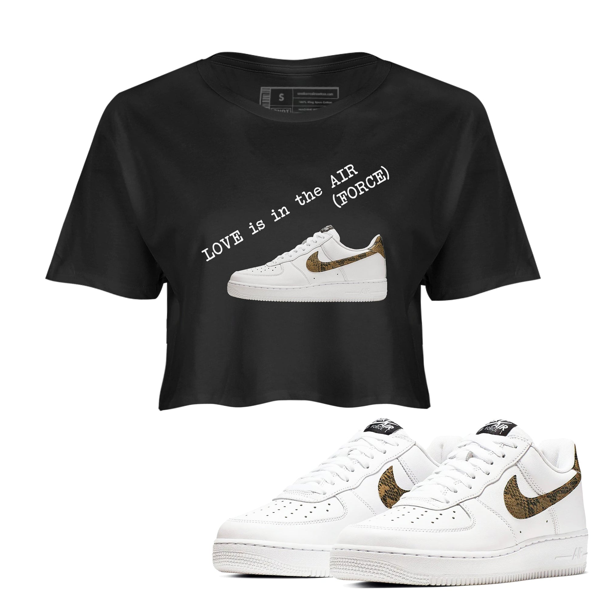 Air Force 1 Ivory Snake shirt to match jordans Love In The Air sneaker tees Air Force 1 Ivory Snake SNRT Sneaker Release Tees Black 1 crop length shirt