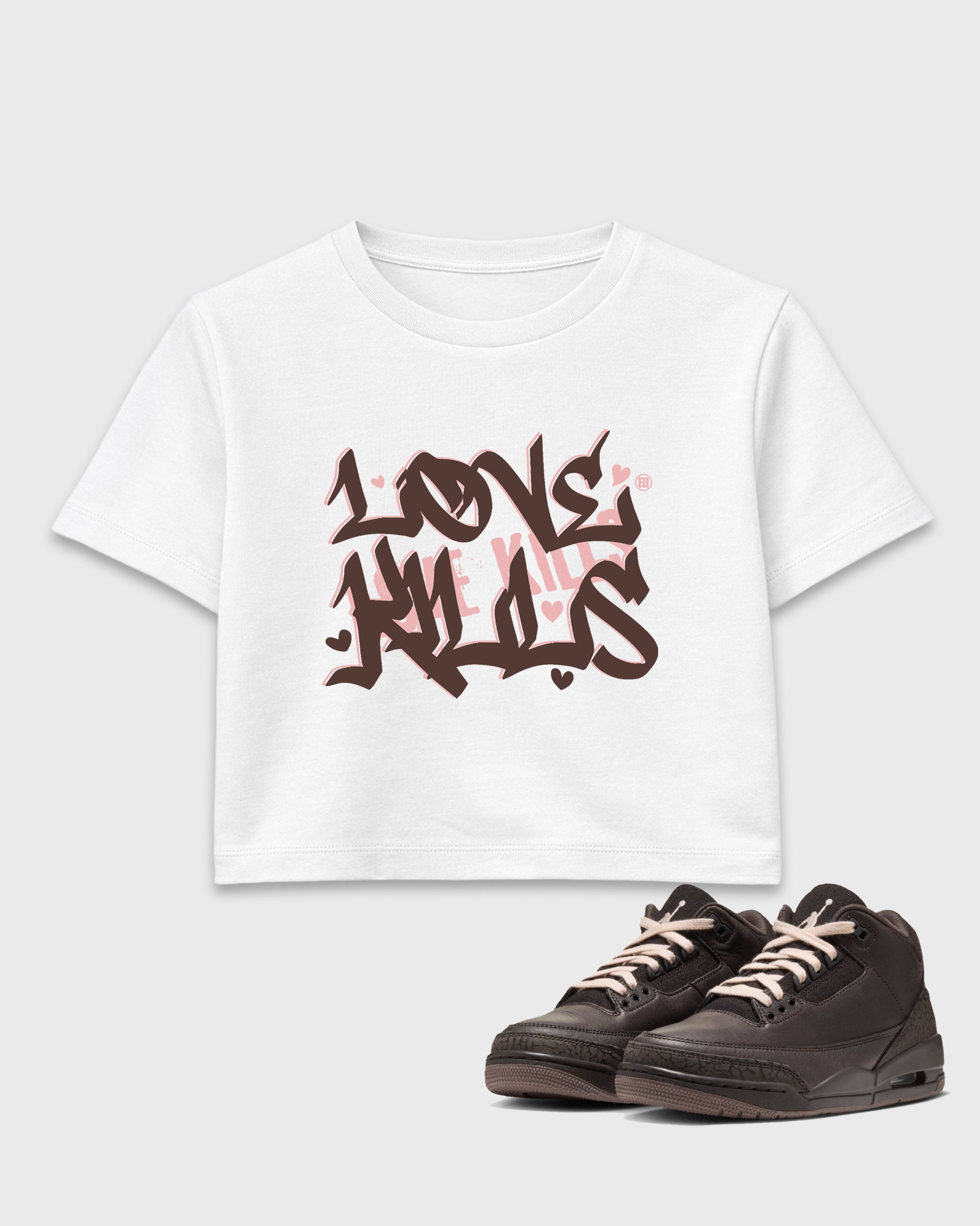 Love Kills women’s crop tee designed to match the Air Jordan 3 Fireside, featuring coordinated White 1 options for a perfect streetwear vibe.