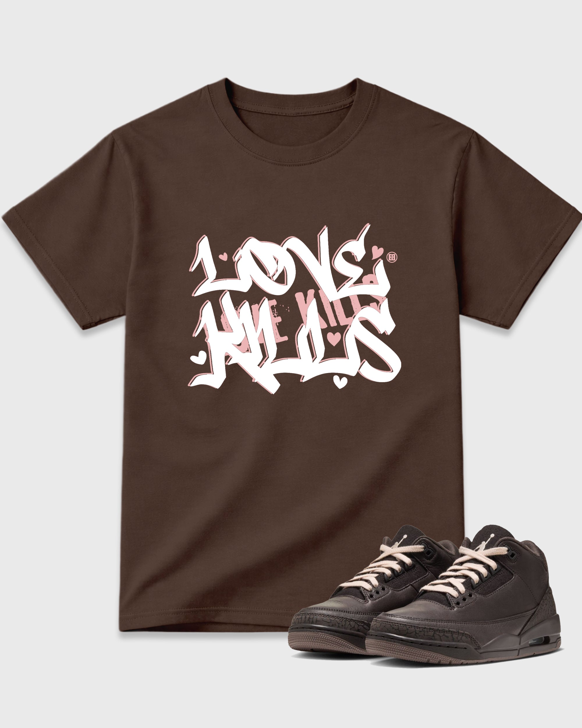 Love Kills Graphic T-Shirt featuring original streetwear artwork designed to match the Air Jordan 3 Fireside. Dark Chocolate 1 Graphic T-Shirt.