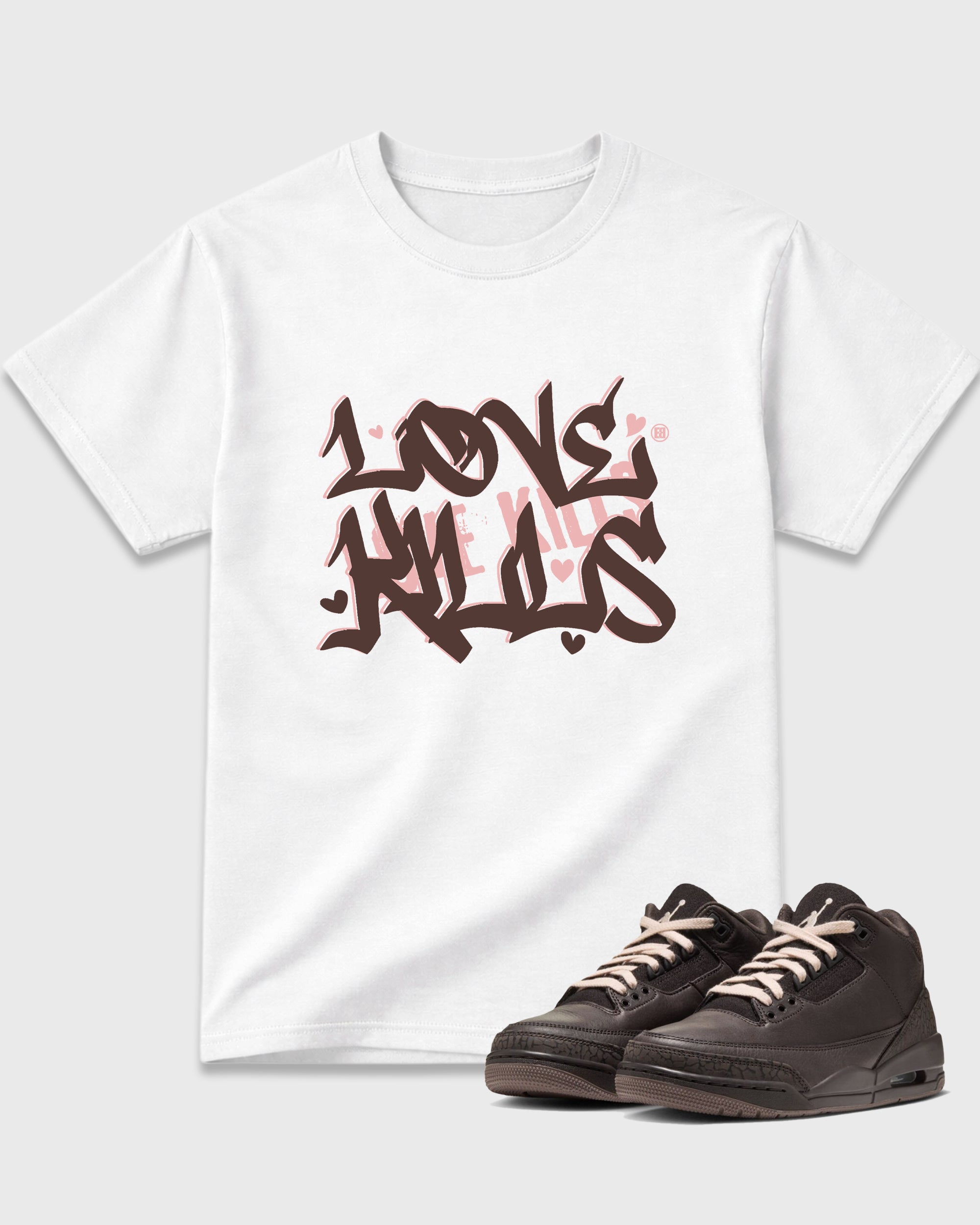 Love Kills Graphic T-Shirt featuring original streetwear artwork designed to match the Air Jordan 3 Fireside. White 1 Graphic T-Shirt.