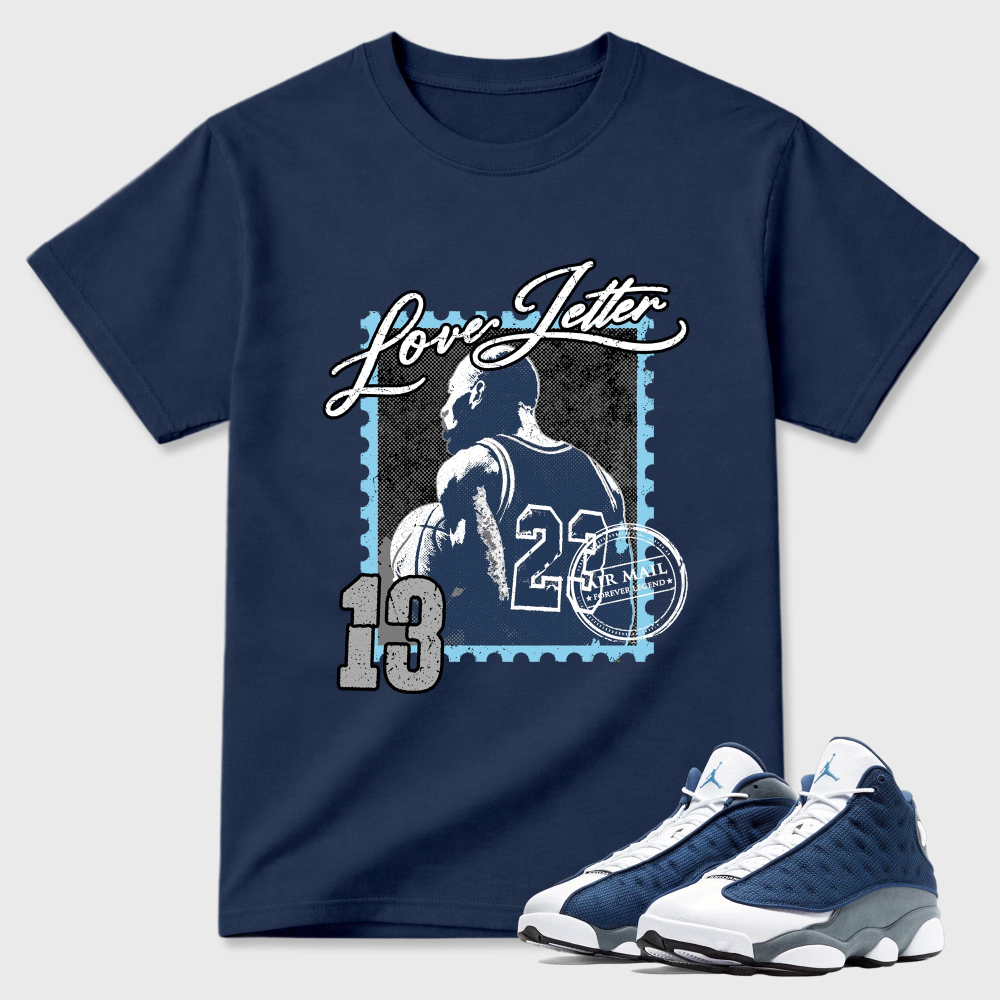 Love Letter Graphic T-Shirt featuring original streetwear artwork designed to match the Air Jordan 13 Flint. Navy 1 Graphic T-Shirt.