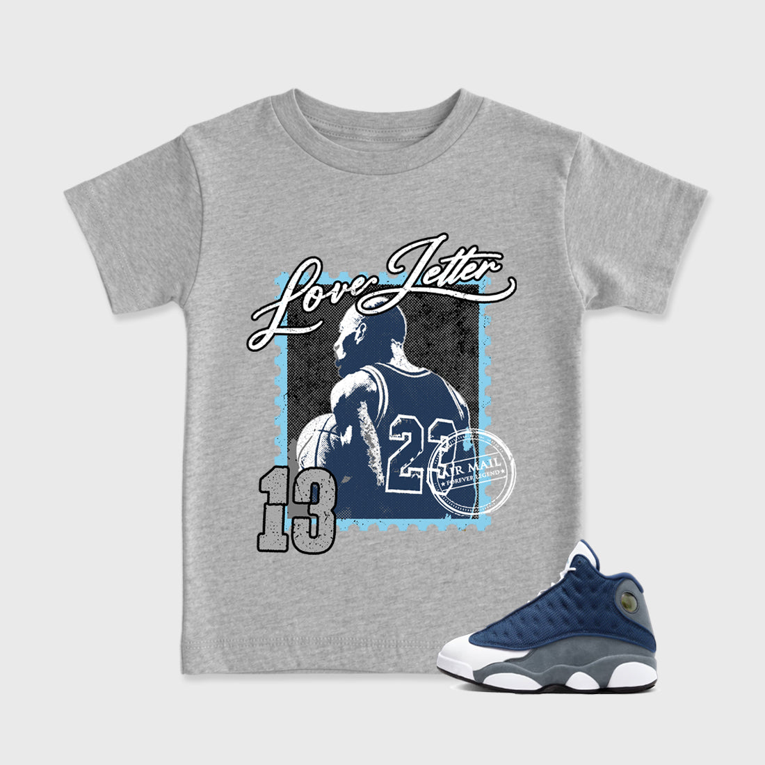 Love Letter Baby & Kids Graphic T-Shirt featuring original artwork designed to match the Air Jordan 13 Flint. Heather Grey 1 Kids Graphic Tee.