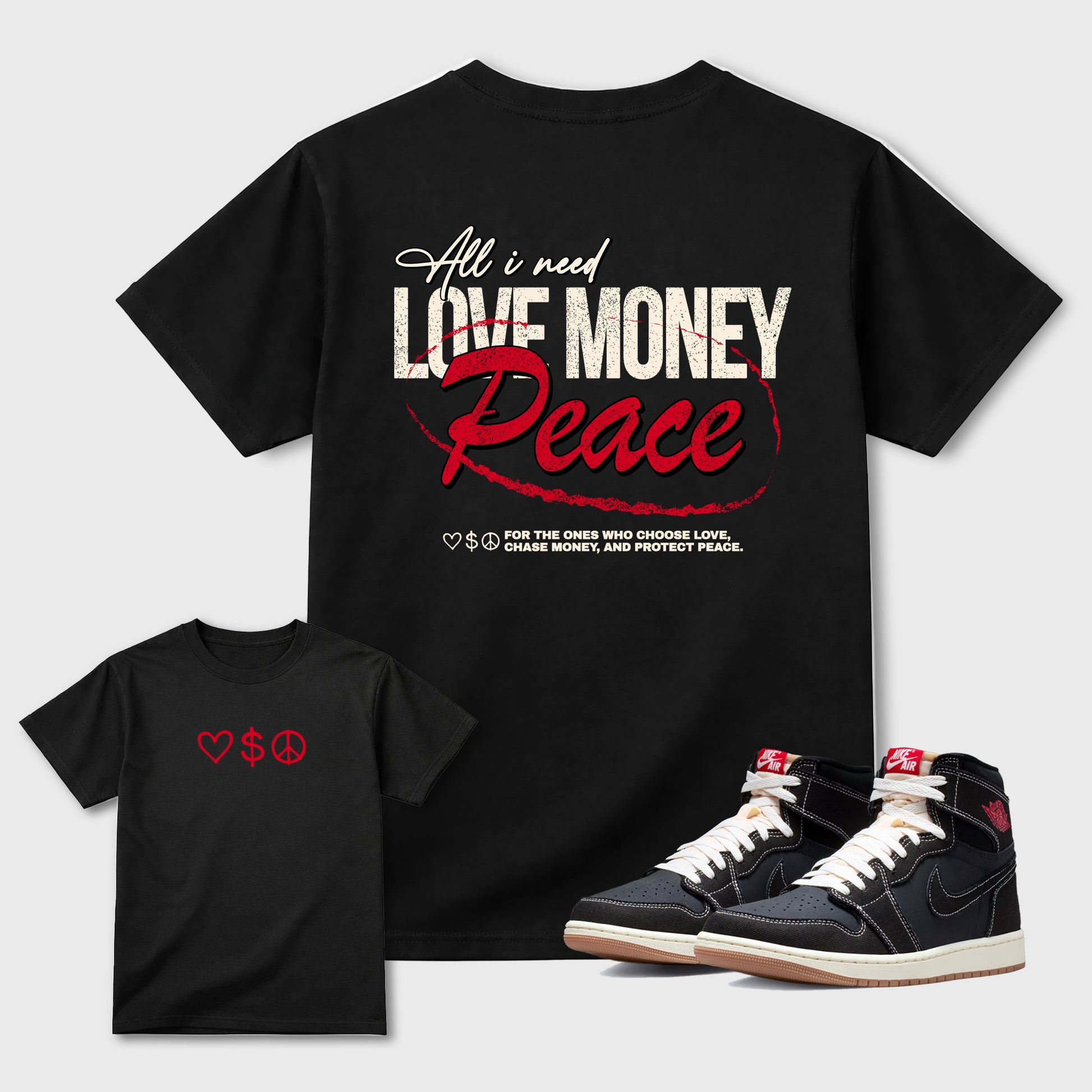 Love Money Peacegraphic t-shirt. Streetwear sneakerfit. Sneaker outfit. Complete your fit with the Air Jordan 1 Flight Club sneakers, shown in Black.