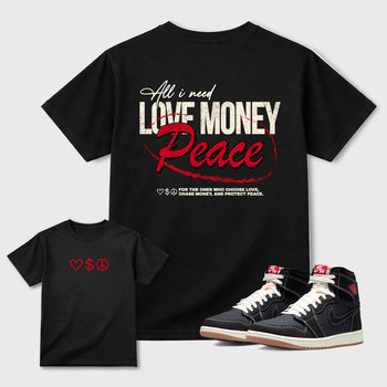 Love Money Peacegraphic t-shirt. Streetwear sneakerfit. Sneaker outfit. Complete your fit with the Air Jordan 1 Flight Club sneakers, shown in Black.