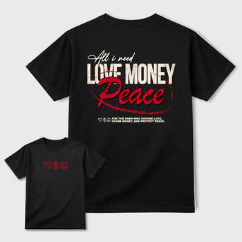 Love Money Peacegraphic t-shirt. Streetwear sneakerfit. Sneaker outfit. Complete your fit with the AJ1 Flight Club sneakers,, shown in Black.