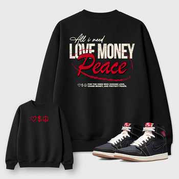 Love Money Peacegraphic t-shirt. Streetwear sneakerfit. Sneaker outfit. Complete your fit with the AJ1 Flight Club sneakers,, shown in Black.