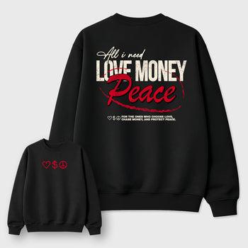 Love Money Peacegraphic t-shirt. Streetwear sneakerfit. Sneaker outfit. Complete your fit with the AJ1 Flight Club sneakers,, shown in Black.
