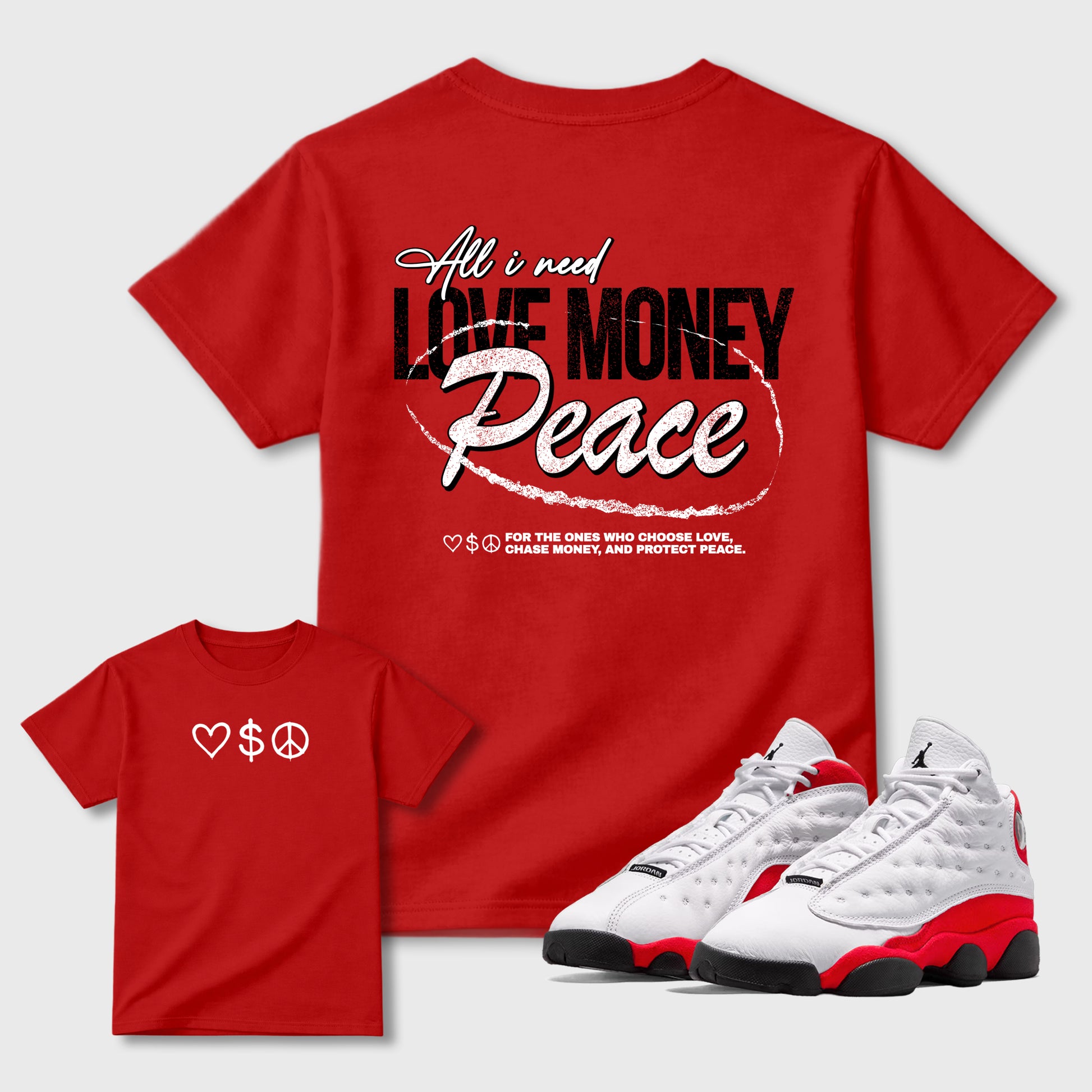 Love Money Peace sneaker match t-shirt styled to complete your fit with the sneakers, front and Back Graphic Tee, shown in Red.
