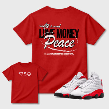 Love Money Peace sneaker match t-shirt styled to complete your fit with the sneakers, front and Back Graphic Tee, shown in Red.