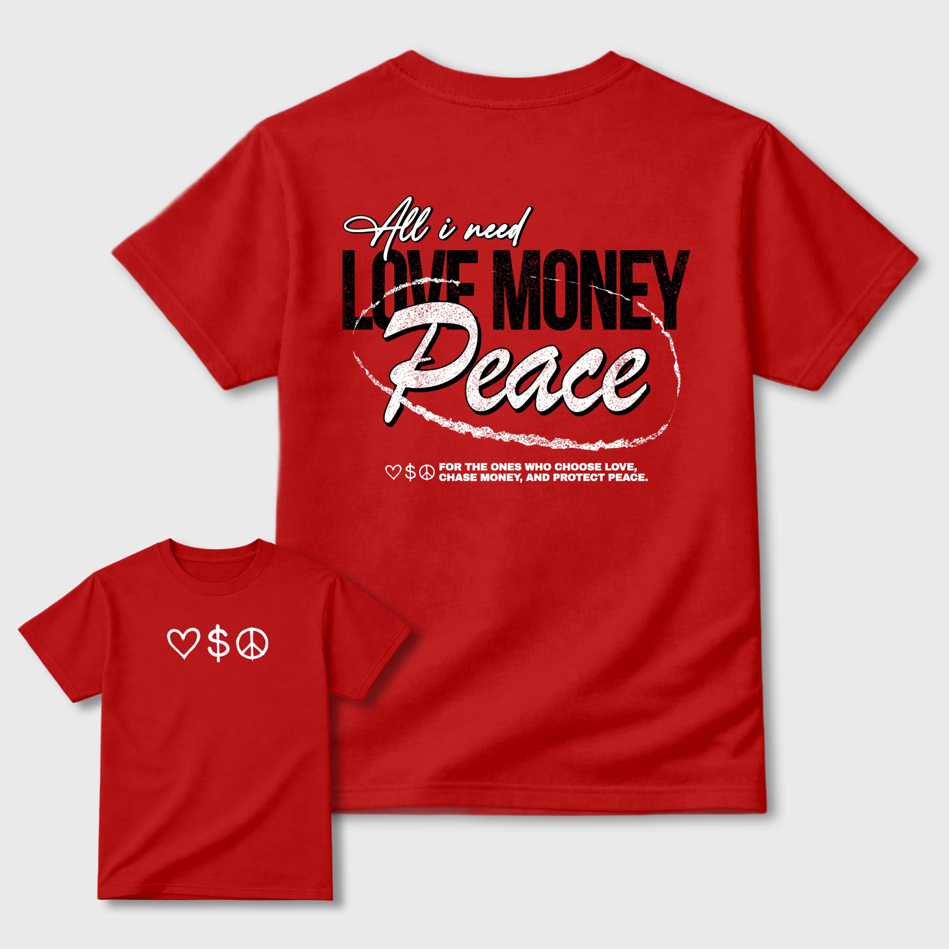 Love Money Peace sneaker match t-shirt styled to complete your fit with the sneakers, front and Back Graphic Tee, shown in Red.