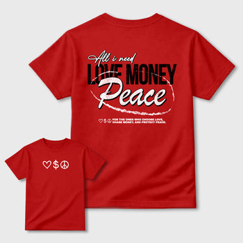 Love Money Peace sneaker match t-shirt styled to complete your fit with the sneakers, front and Back Graphic Tee, shown in Red.