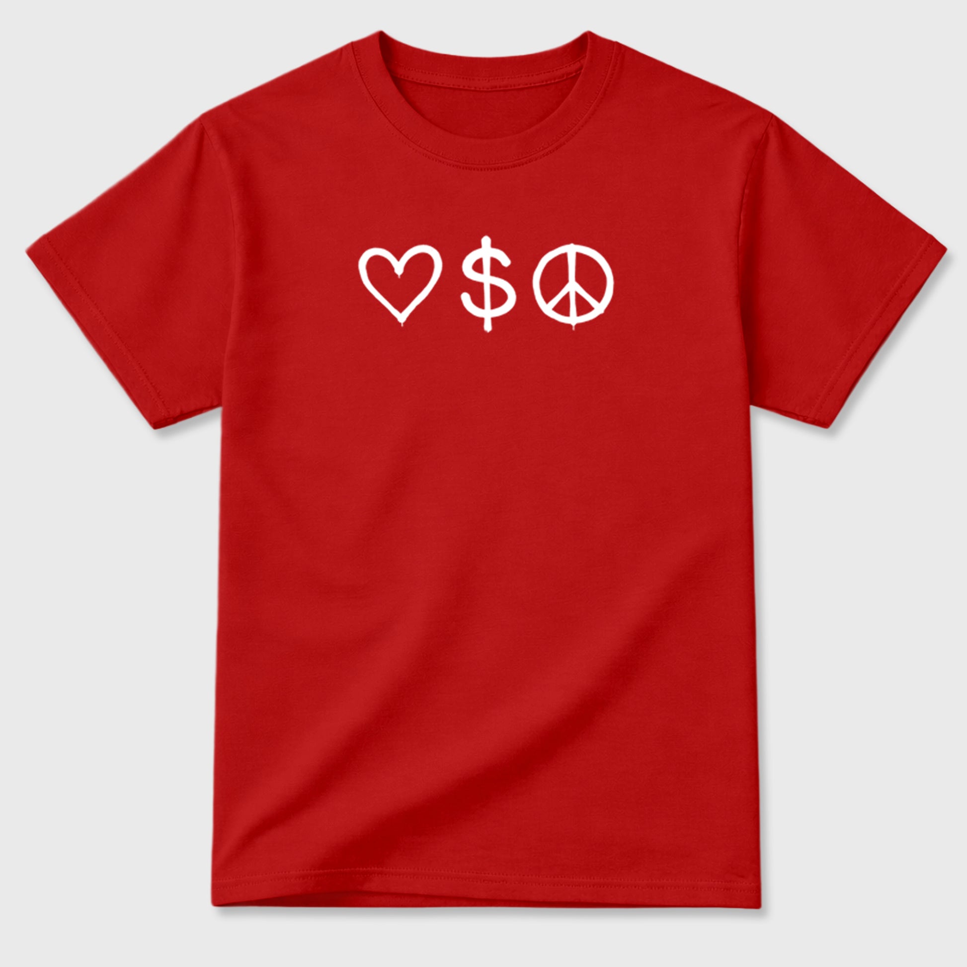 Love Money Peace sneaker match t-shirt styled to complete your fit with the sneakers, front and Back Graphic Tee, shown in Red.
