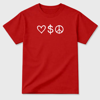 Love Money Peace sneaker match t-shirt styled to complete your fit with the sneakers, front and Back Graphic Tee, shown in Red.