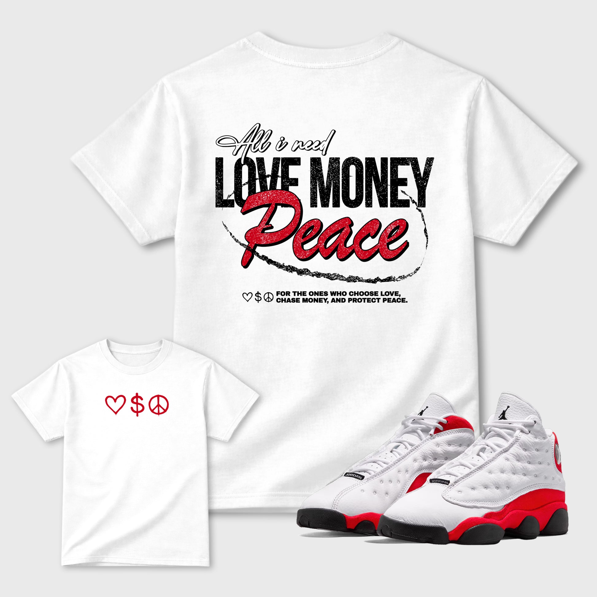 Love Money Peace sneaker match t-shirt styled to complete your fit with the Air Jordan 14 University Blue sneakers, front and Back Graphic Tee, shown in White.