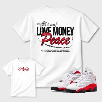 Love Money Peace sneaker match t-shirt styled to complete your fit with the Air Jordan 14 University Blue sneakers, front and Back Graphic Tee, shown in White.