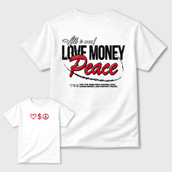 Love Money Peace sneaker match t-shirt styled to complete your fit with the sneakers, front and Back Graphic Tee, shown in White.