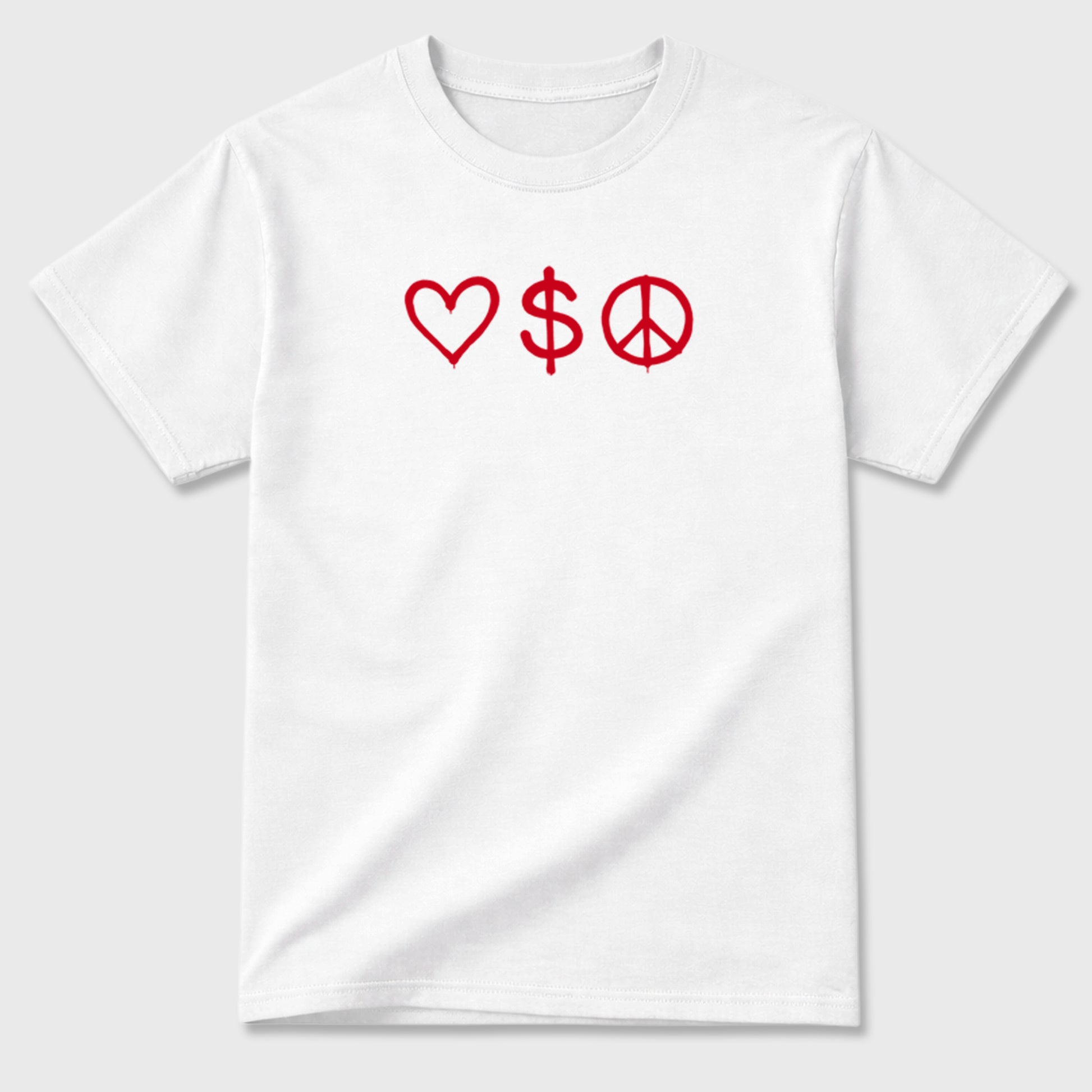 Love Money Peace sneaker match t-shirt styled to complete your fit with the sneakers, front and Back Graphic Tee, shown in White.