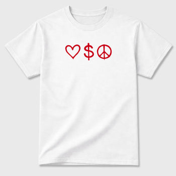 Love Money Peace sneaker match t-shirt styled to complete your fit with the sneakers, front and Back Graphic Tee, shown in White.