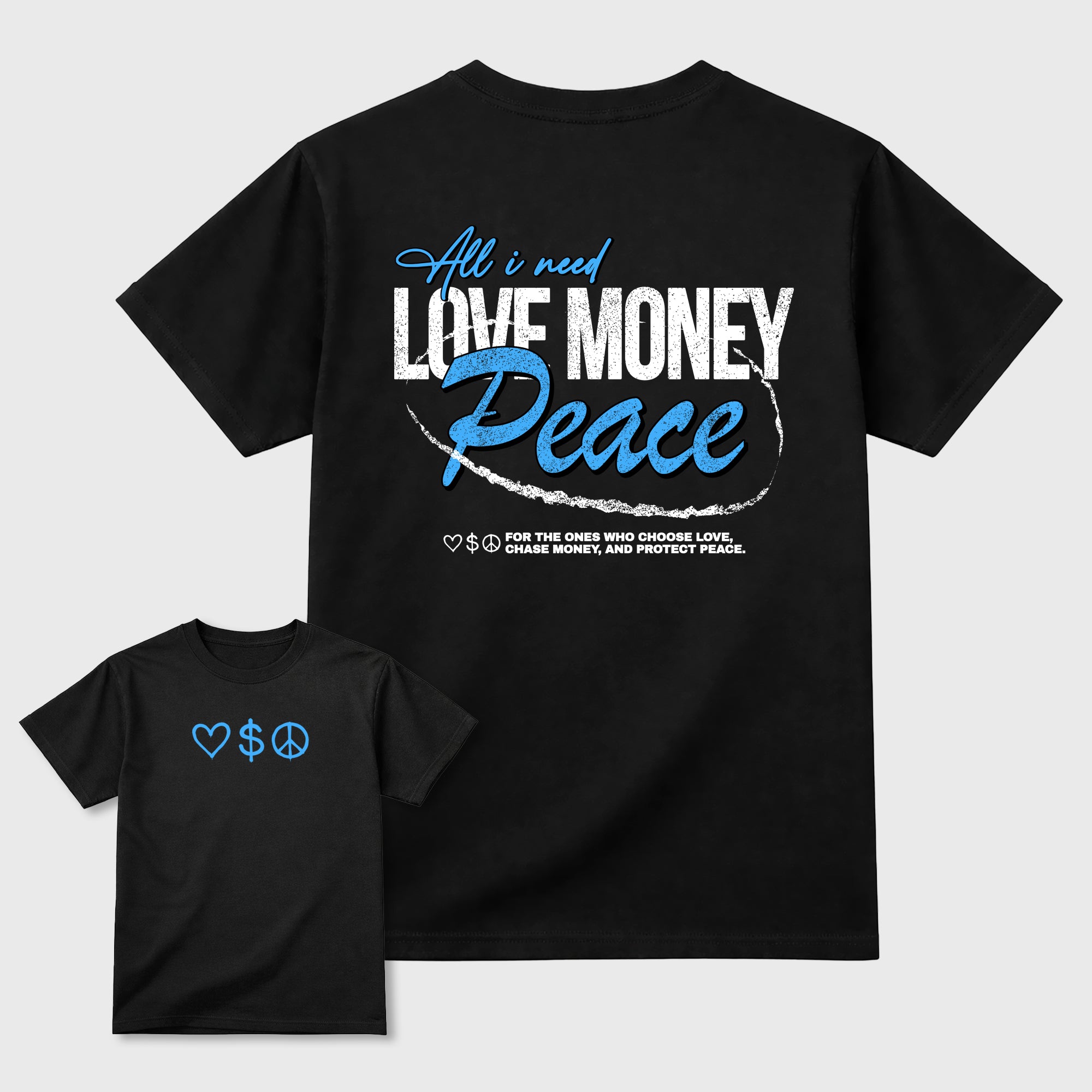 Love Money Peace sneaker match t-shirt styled to complete your fit with the sneakers, front and Back Graphic Tee, shown in Black.