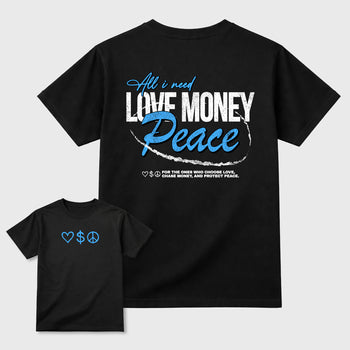 Love Money Peace sneaker match t-shirt styled to complete your fit with the sneakers, front and Back Graphic Tee, shown in Black.
