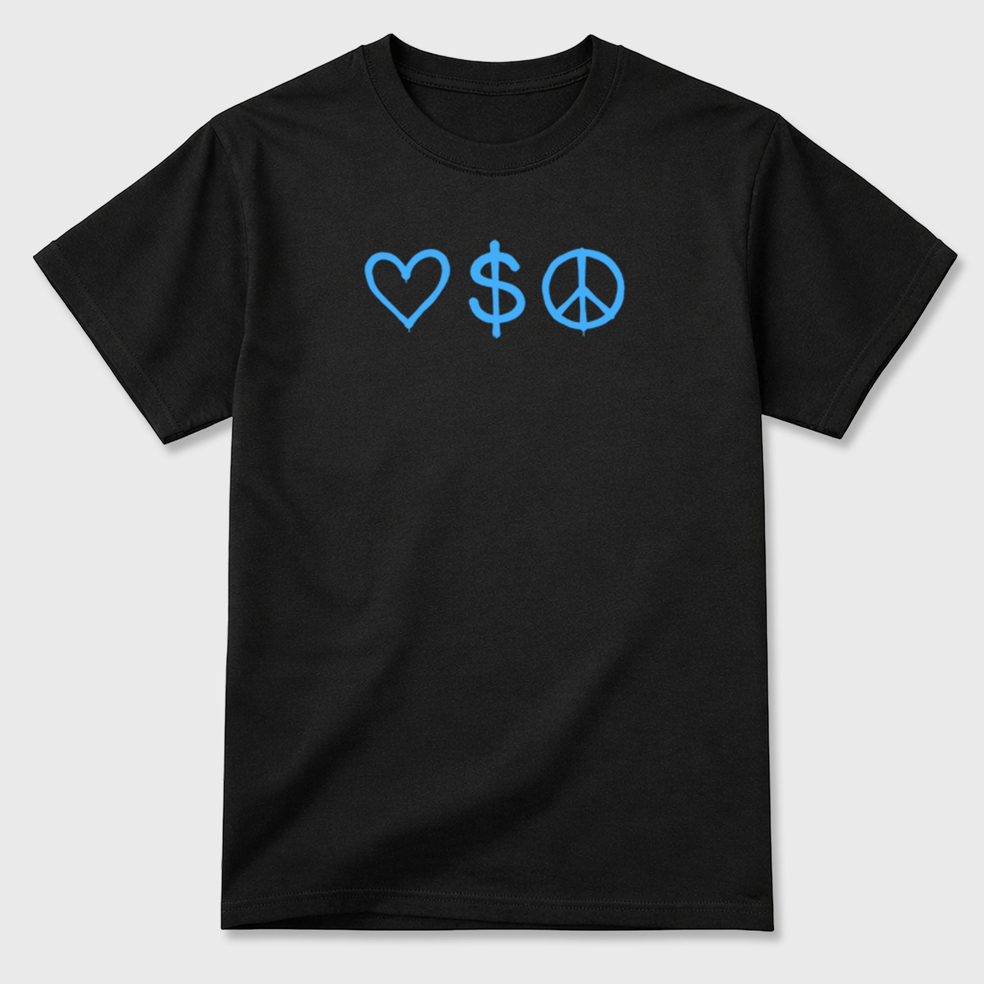Love Money Peace sneaker match t-shirt styled to complete your fit with the sneakers, front and Back Graphic Tee, shown in Black.