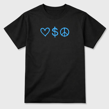 Love Money Peace sneaker match t-shirt styled to complete your fit with the sneakers, front and Back Graphic Tee, shown in Black.