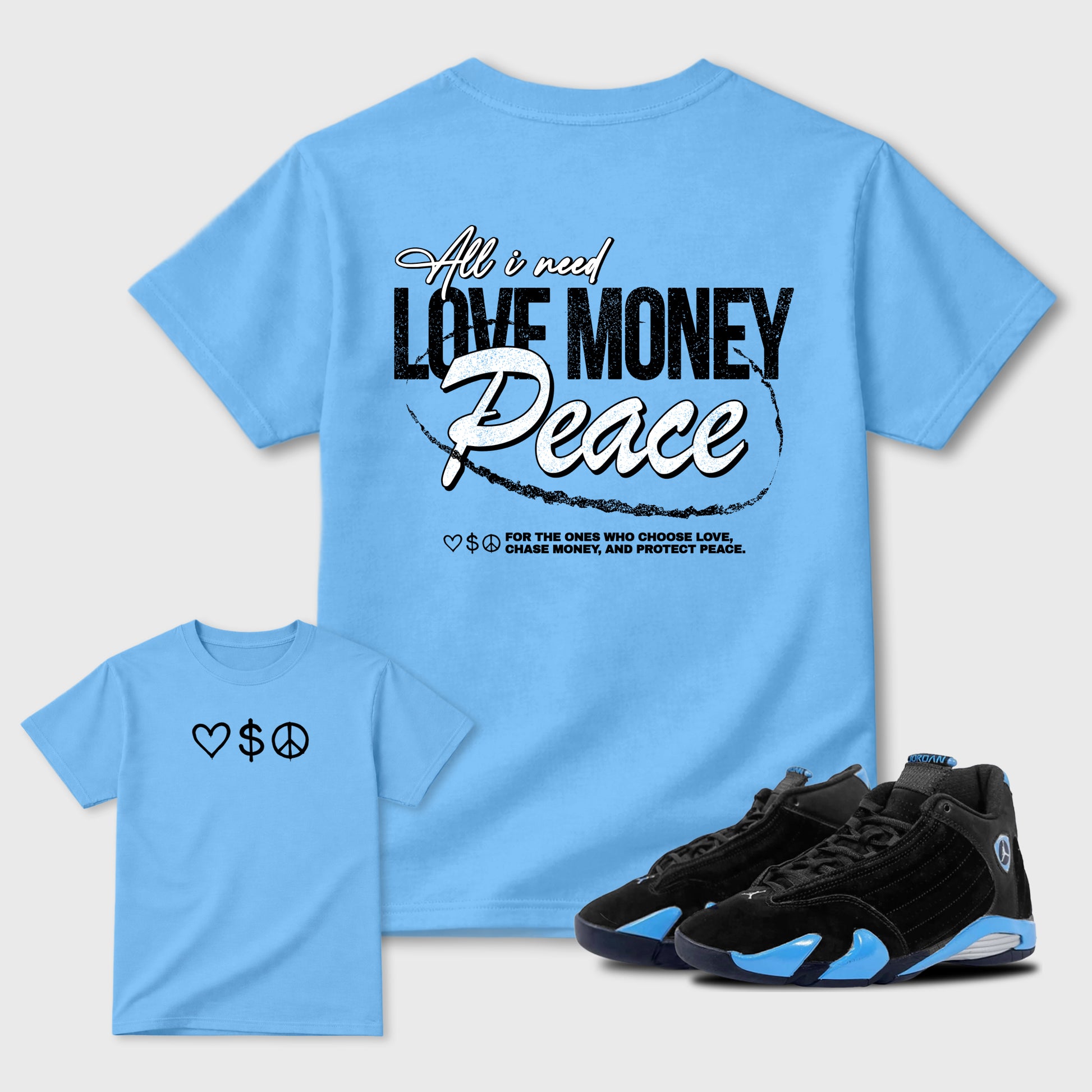 Love Money Peace sneaker match t-shirt styled to complete your fit with the sneakers, front and Back Graphic Tee, shown in Carolina Blue.