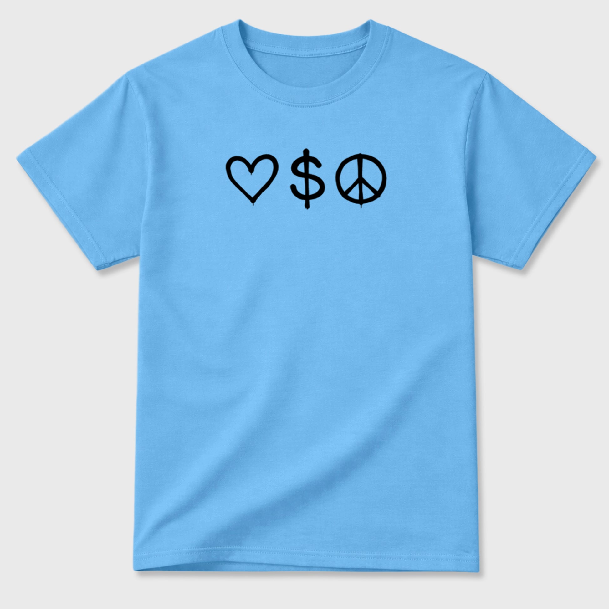 Love Money Peace sneaker match t-shirt styled to complete your fit with the sneakers, front and Back Graphic Tee, shown in Carolina Blue.
