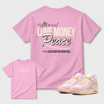 Love Money Peace sneaker match t-shirt styled to complete your sneaker outfitwith the AJ4 Iced Carmine, shown in Pink.