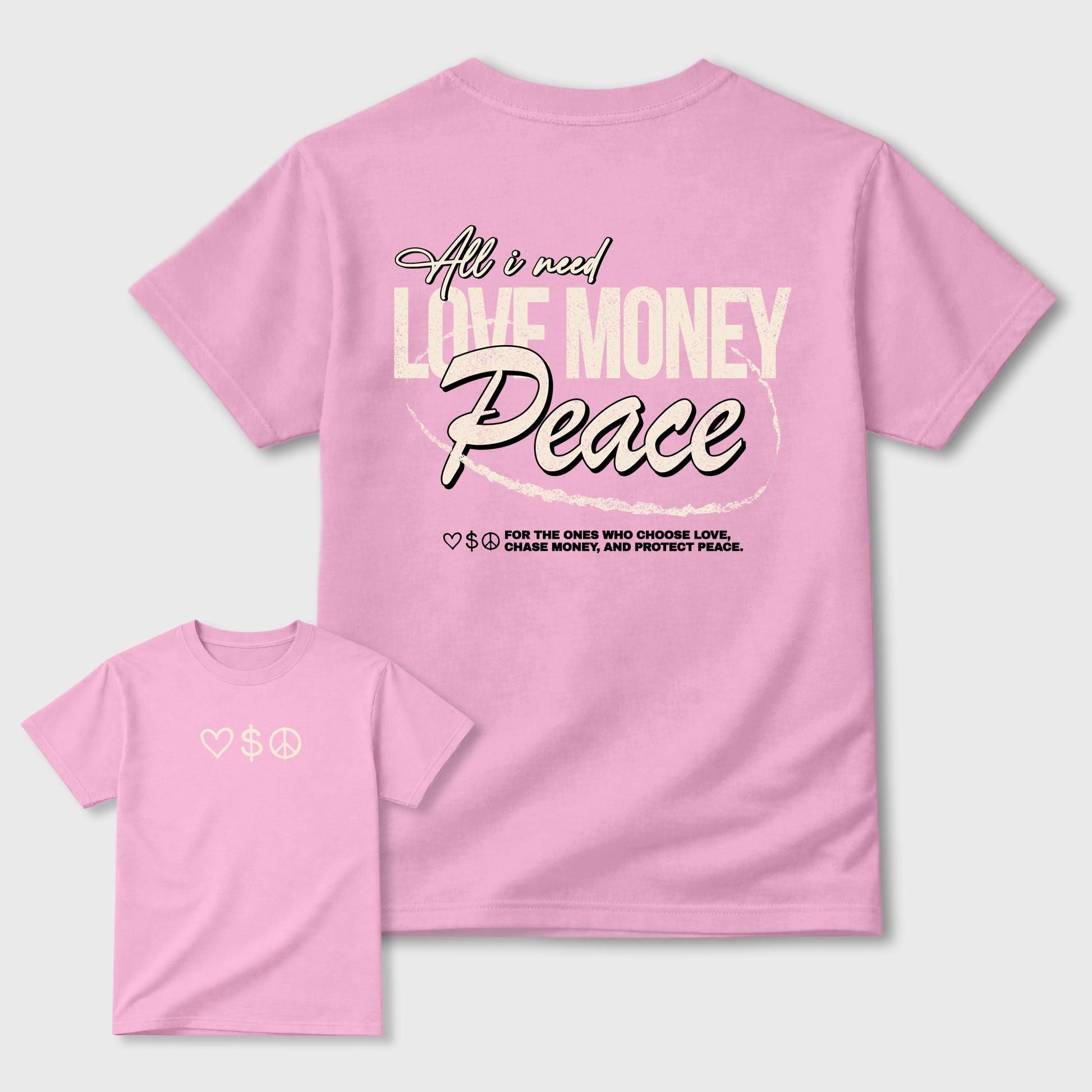 Love Money Peace sneaker match t-shirt styled to complete your sneaker outfitwith the AJ4 Iced Carmine, shown in Pink.