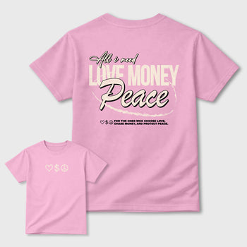 Love Money Peace sneaker match t-shirt styled to complete your sneaker outfitwith the AJ4 Iced Carmine, shown in Pink.