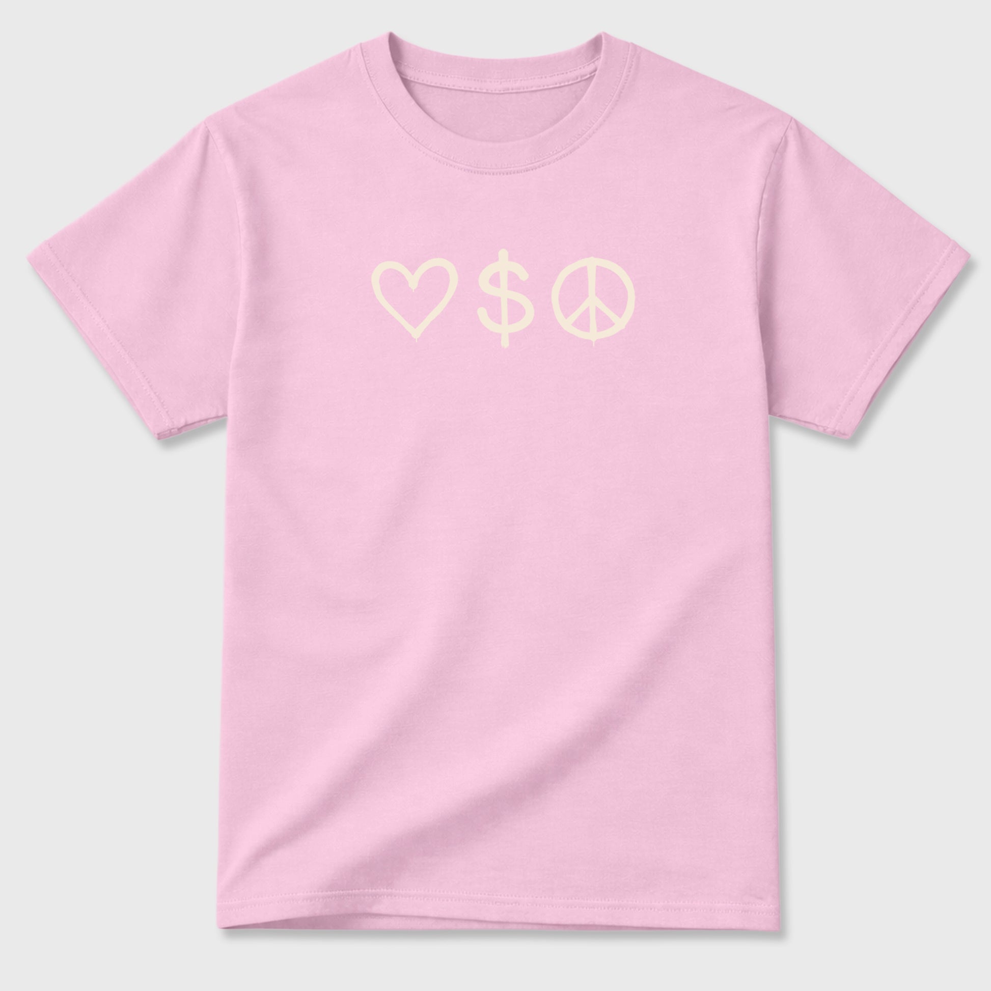 Love Money Peace sneaker match t-shirt styled to complete your sneaker outfitwith the AJ4 Iced Carmine, shown in Pink.