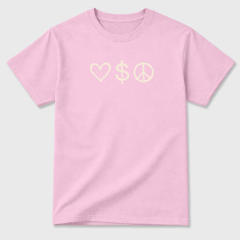 Love Money Peace sneaker match t-shirt styled to complete your sneaker outfitwith the AJ4 Iced Carmine, shown in Pink.