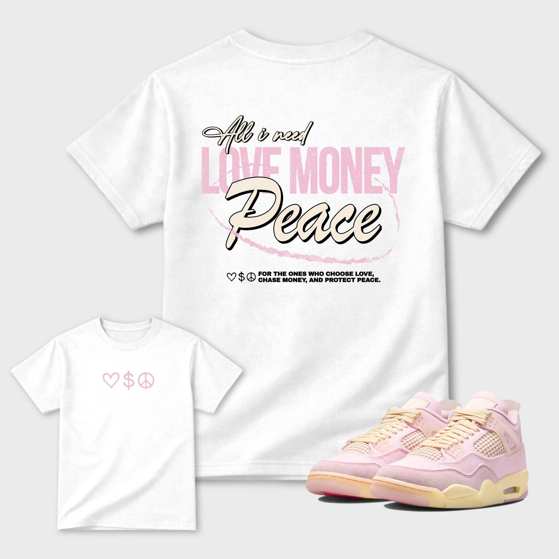 Love Money Peace sneaker match t-shirt styled to complete your sneaker outfitwith the Air Jordan 4 Iced Carmine sneakers, shown in White.